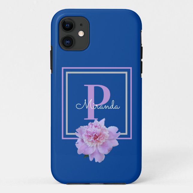 Coques Case-Mate iPhone Pain rose violet Monogramme bleu (Dos)