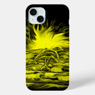 Coque iPhone 15 Mini Paire de dauphins dans le soleil