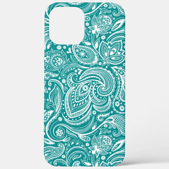 Coques Case-Mate iPhone Paisley floral blanc motif sur turquoise (Verso)