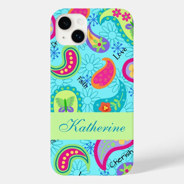 Coques Case-Mate iPhone Paisley Nom moderne Personnalisé Turquoise Bleu (Verso)