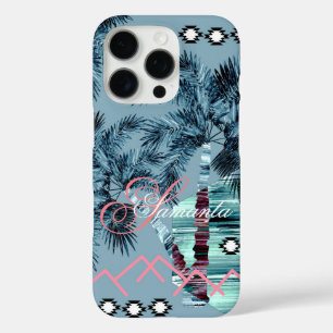 Coques iPhone 16 Pro Palm Hawaïen bleu noir monogramme personnalisé