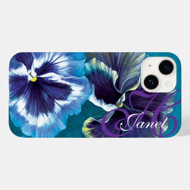 Coques Case-Mate iPhone Pansy floral aqua votre nom (Verso (horizontal))