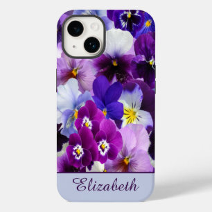 Coque Pour iPhone 14 Pansy Floral Monogramme Violet Bleu Blanc