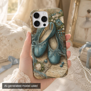 Coques iPhone 16 Pro Max Pantoufles de ballet bleues Shabby Chic et roses