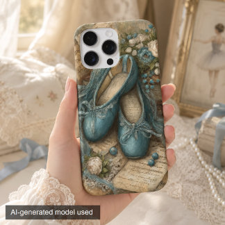 Coques iPhone 16 Pro Max Pantoufles de ballet bleues Shabby Chic et roses