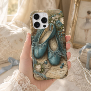 Coques iPhone 16 Pro Max Pantoufles de ballet bleues Shabby Chic et roses