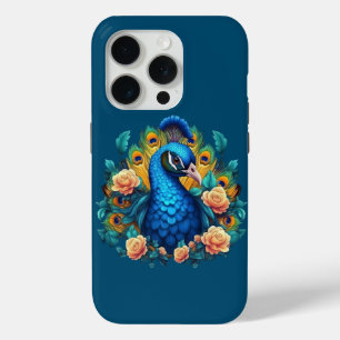 Coque iPhone 15 Pro Paon avec roses pêche