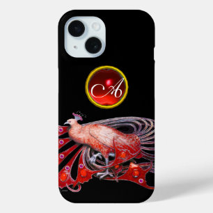 COQUE POUR iPhone 15 PAON ÉLÉGANT EN ROUGE, MONOGRAMME RUBIS