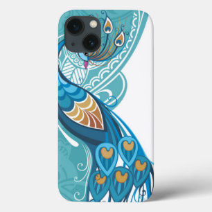 iPhone 13 Case Paon sur l'illustration turquoise