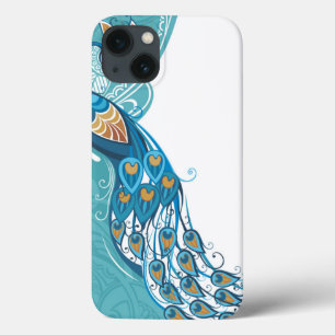 iPhone 13 Coque Paon sur l'illustration turquoise