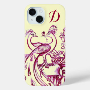 Coque Pour iPhone 15 PAONS AMOUREUX MONOGRAMME Crème Violette