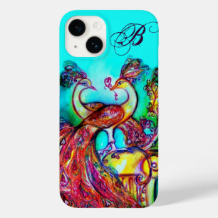 Coque Pour iPhone 14 PAONS AMOUREUX MONOGRAMME Turquoise Bleu