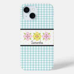 Coque Pour iPhone 15 Papier Gingham à Carreaux Floral Monogramme