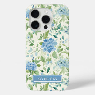 Coque iPhone 15 Pro Papier Monogrammé Aquarelle Hydrangea Bleue