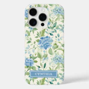 Coques iPhone 16 Pro Papier Monogrammé Floral Aquarelle Bleu