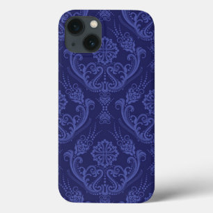 Etui iPhone 13 Papier peint floral bleu de luxe de damassé