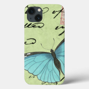 Coques Pour iPhone Papillon à ailes bleues sur carte postale Turquois