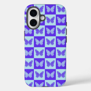 Coques iPhone 16 Papillon À damiers Motif en bleu et violet