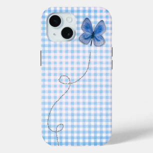 Coque Pour iPhone 15 Papillon bleu en vol En vichy
