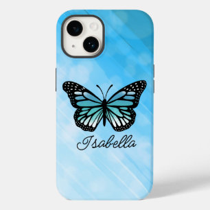 Coque Pour iPhone 14 Papillon bleu et votre nom Personnalisé