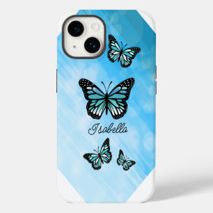 Coque Pour iPhone 14 Papillon bleu et votre nom Personnalisé