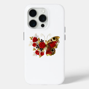 Coque iPhone 15 Pro Papillon de fleurs rouges aux roses rouges