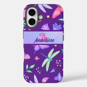 Coques iPhone 16 Papillon de libellule violet lunaire monogramme