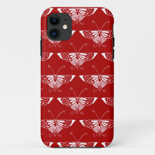 Coque iPhone 11 Papillon déco stylisé - rouge foncé et blanc