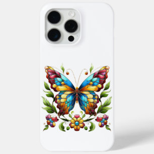 Coque iPhone 15 Pro Max Papillon en vitrail coloré avec fleurs