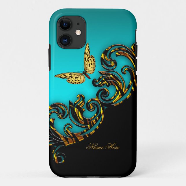 Coques Case-Mate iPhone Papillon noir Exotic Turquoise Gold (Dos)