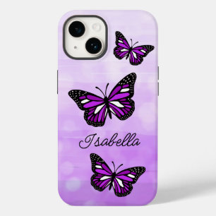 Coque Pour iPhone 14 Papillon pourpre et votre nom Personnalisé
