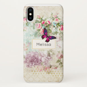 Case-Mate iPhone Case Papillon rose et Shabby Roses Vintages Personnalis