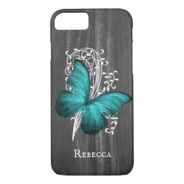 Coques Case-Mate iPhone Papillon rustique turquoise personnalisé (Dos)