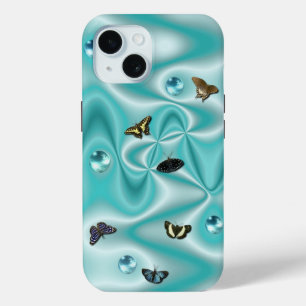 Coque Pour iPhone 15 Papillon sur soie verte avec perles