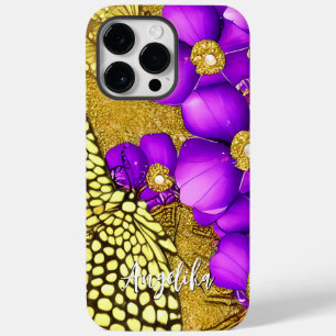 Coque Pour Pour iPhone 14 Pro Max Papillon violet et or avec nom personnalisé