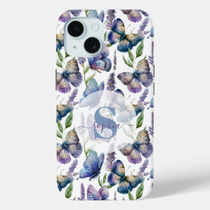 Coque Pour iPhone 15 Papillons Aquarelle Fleur de Glycine Monogrammées