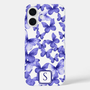 Coques iPhone 16 Papillons bleus Moderne Élégant Monogramme personn