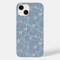 Papillons en relief aquarelle sur lin bleu denim