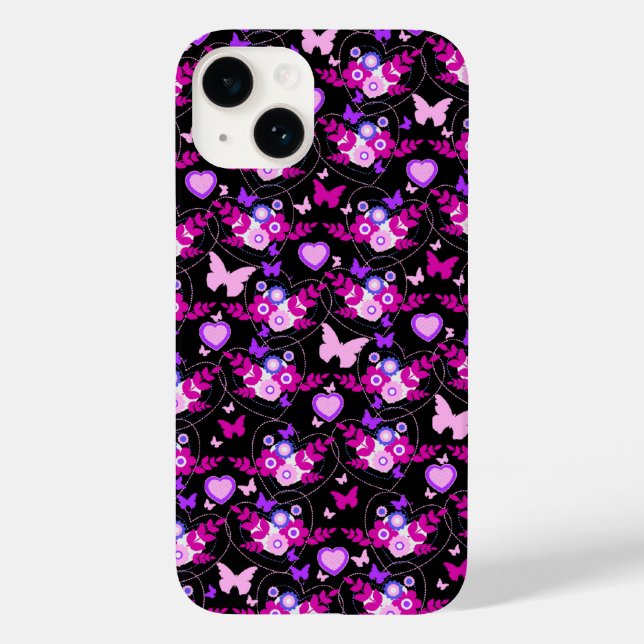 Coques Case-Mate iPhone Papillons et coeurs floraux rose noir (Verso)