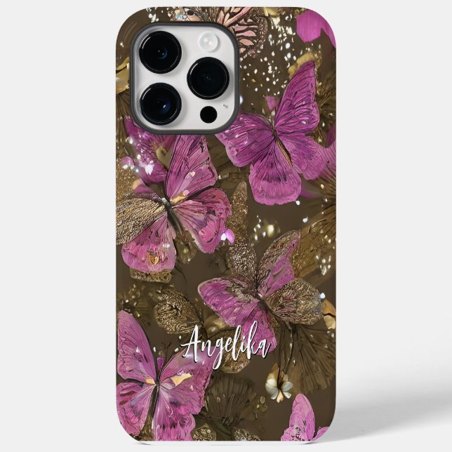 Coques Case-Mate iPhone Papillons et fleurs roses Nom personnalisé (Verso)