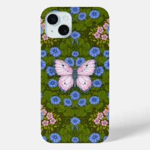 Coque iPhone 15 Mini Papillons et symétrie des fleurs, bleu et rose