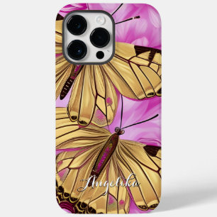 Coque Pour Pour iPhone 14 Pro Max Papillons Jaunes, Fleurs Roses Nom Personnalisé