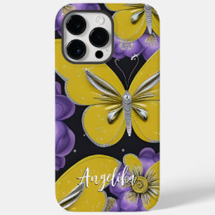 Coque Pour Pour iPhone 14 Pro Max Papillons jaunes personnalisés et fleurs violettes