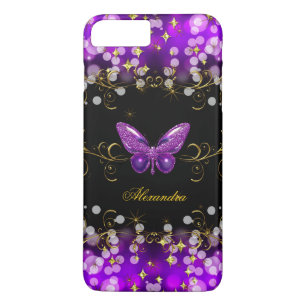 Coque iPhone 8 Plus/7 Plus Papillons noirs dorés violets exotiques scintillan