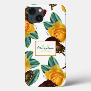 iPhone 13 Case Papillons pourpres et roses jaunes avec nom