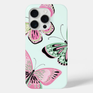 Coque iPhone 15 Pro Papillons rose et vert