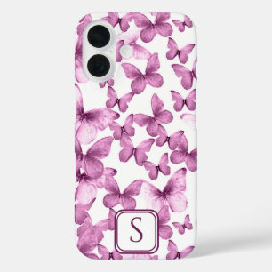 Coques iPhone 16 Papillons rose Moderne Élégant Monogramme Personna