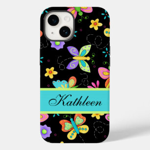 Coque Pour iPhone 14 Papillons sur Black Whimsy Nom Personnalisé