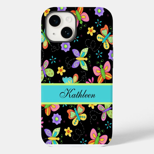 Coques Case-Mate iPhone Papillons sur Black Whimsy Nom Personnalisé (Verso)