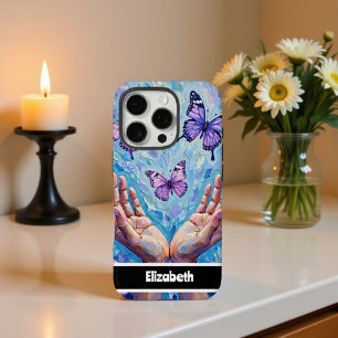 Coques iPhone 16 Pro Papillons Violets Vibrants Aux Mains Étendues